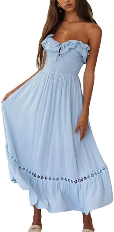 SAUKOLE Women's Summer Sleeveless Strapless Ruffle Off The Shoulder Swing Cocktail Party Dress | Amazon (US)