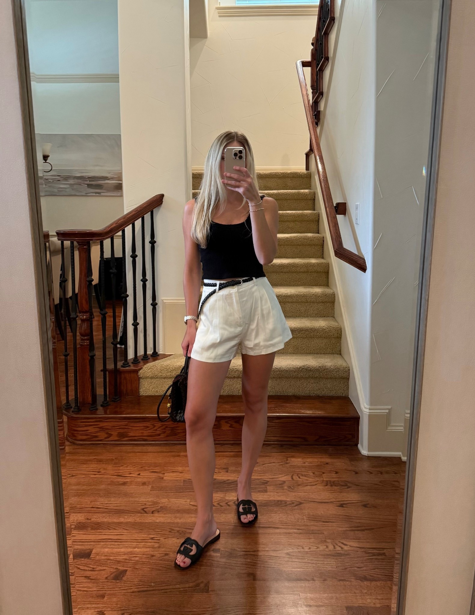 Linking similar options for both top and shorts! Linked exact shoes, belt and handbag