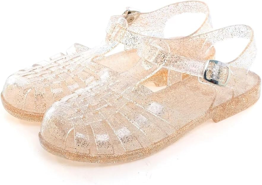 LUXINYU Women Jelly Sandals Adjustable Buckle T-Strap Round Toe Slingback Bling Flats Summer Fish... | Amazon (US)