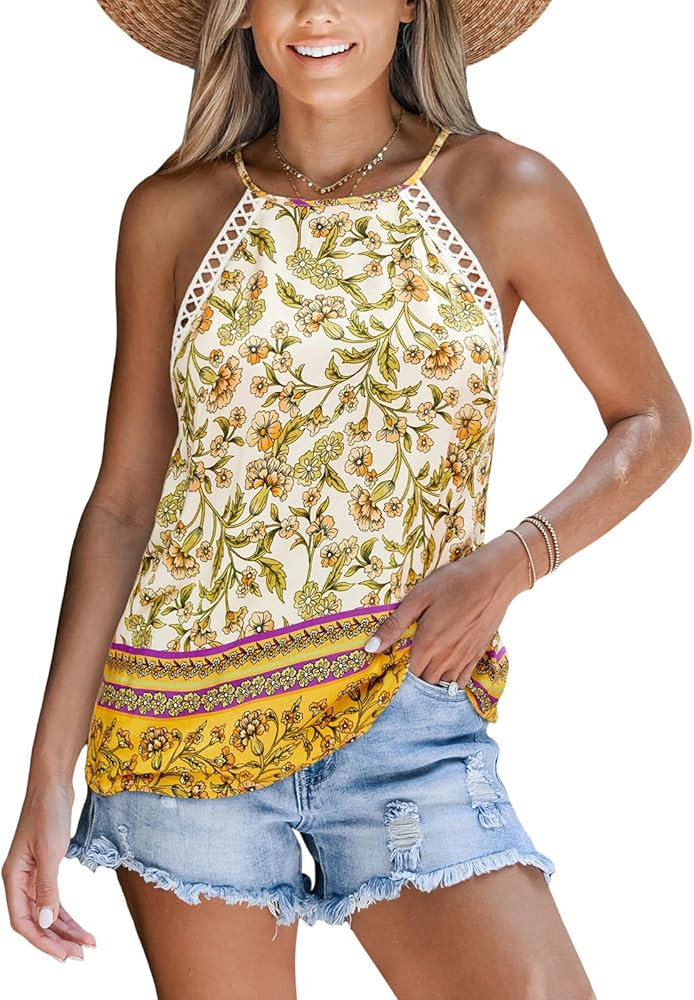 Women's Floral Top High Neck Boho Sleeveless Shirt Loose Fit Summer Beach Vacation Tank Top | Amazon (US)