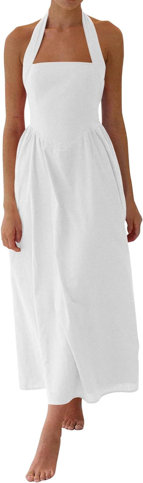 Simple Flavor Women's Halter Neck Linen Midi Dress Off Shoulder Flowy Wedding Guest Long Dress | Amazon (US)