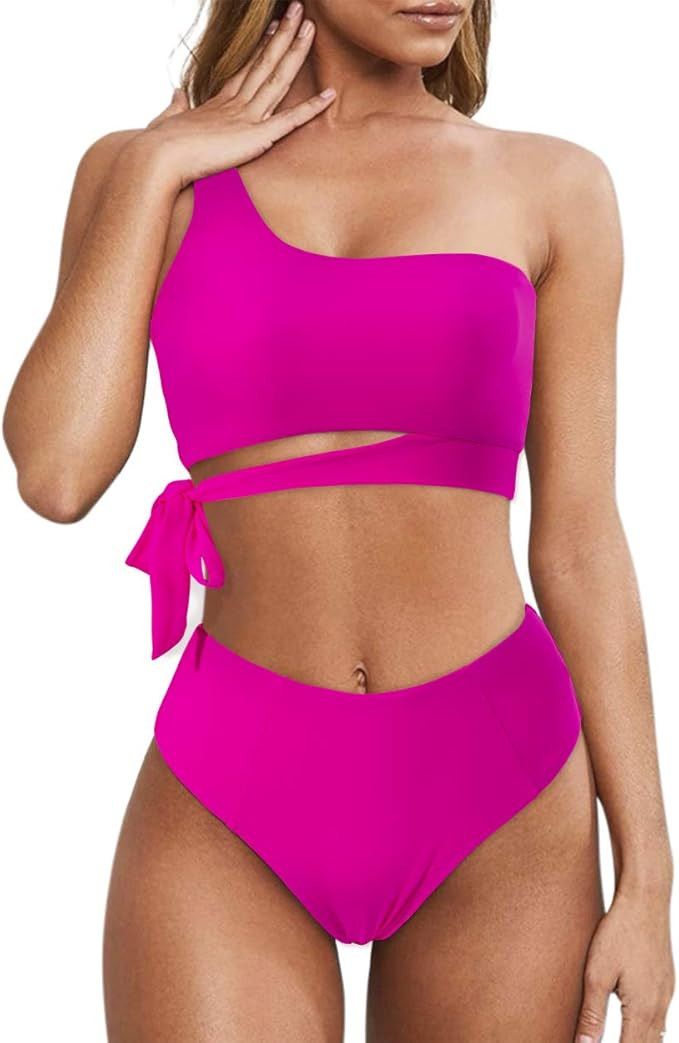 MOOSLOVER Women One Shoulder High Waisted Bikini Tie High Cut Two Piece Swimsuits | Amazon (US)