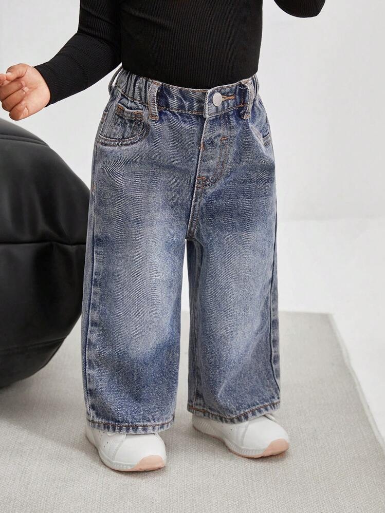 SHEIN Vintage Blue Loose Straight Jeans For Baby Girls | SHEIN