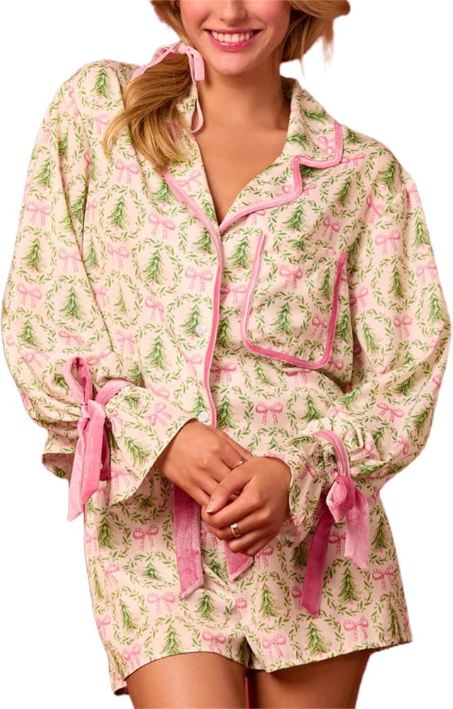 Thopavenoir Women Cute Christmas Pajamas Set 2 Piece Matching Set Bow Tie Long Sleeve Cartoon Shi... | Amazon (US)