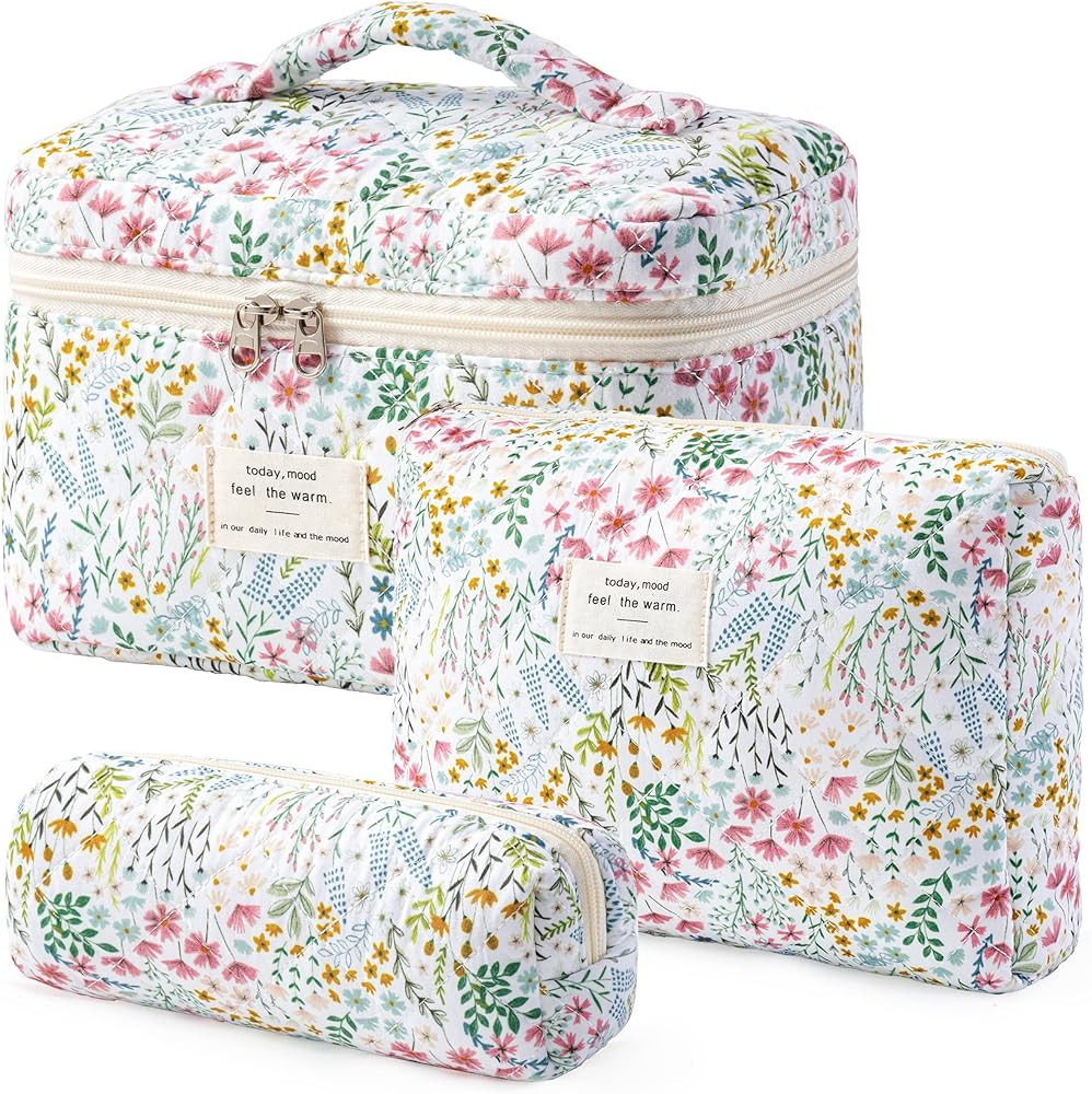 HBselect Quilted Makeup Bag, 3PCS Cotton Large Travel Makeup Bag, Cute Floral Coquette Make up Ba... | Amazon (US)