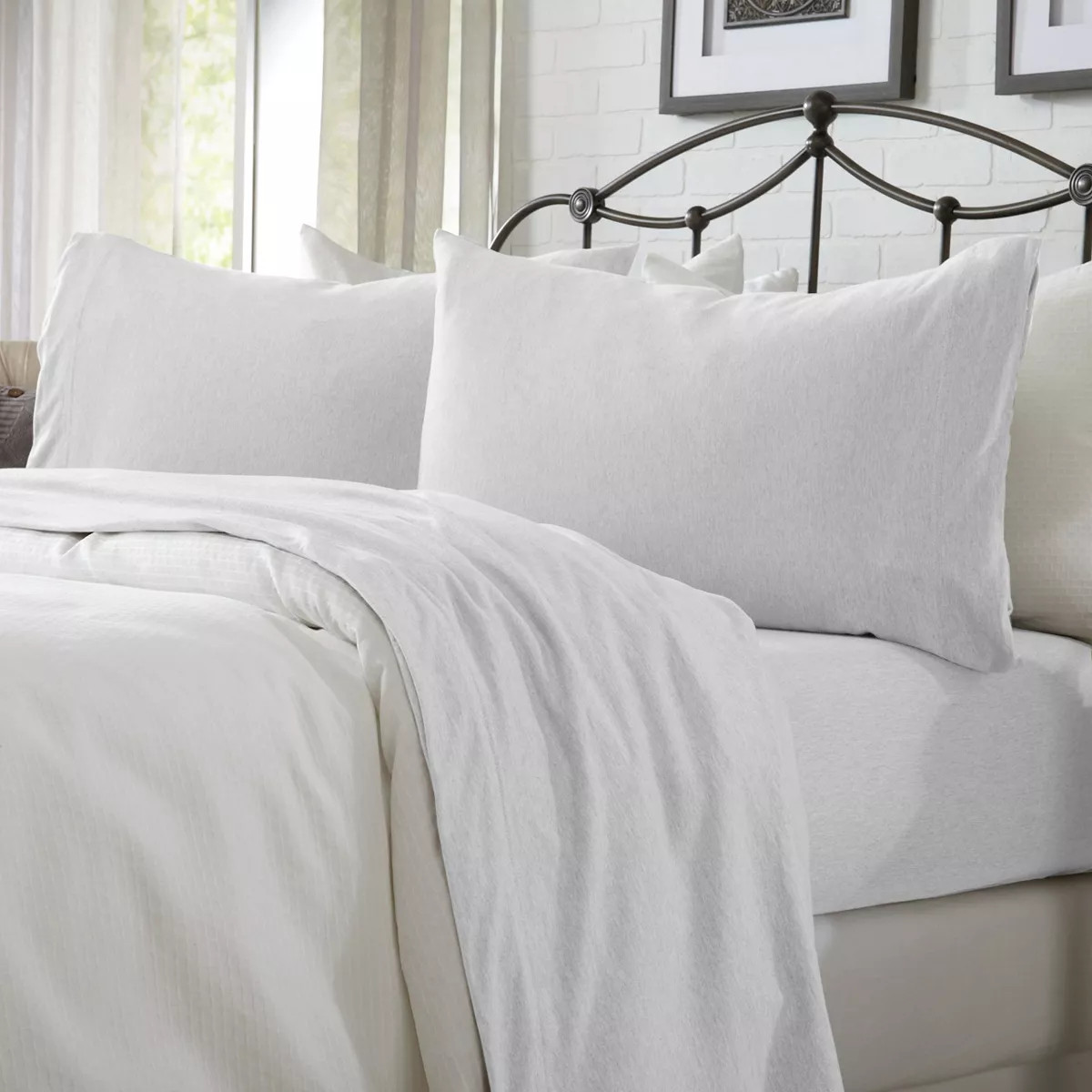 Ultra-Soft Cotton Heathered Melange Jersey Knit Sheet Set - Great Bay Home (Twin, Winter White) | Target