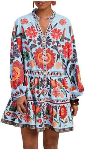 SOLY HUX Women's Floral Print Summer Short Dresses Boho Beach Long Sleeve Button Down Flowy Smock... | Amazon (US)