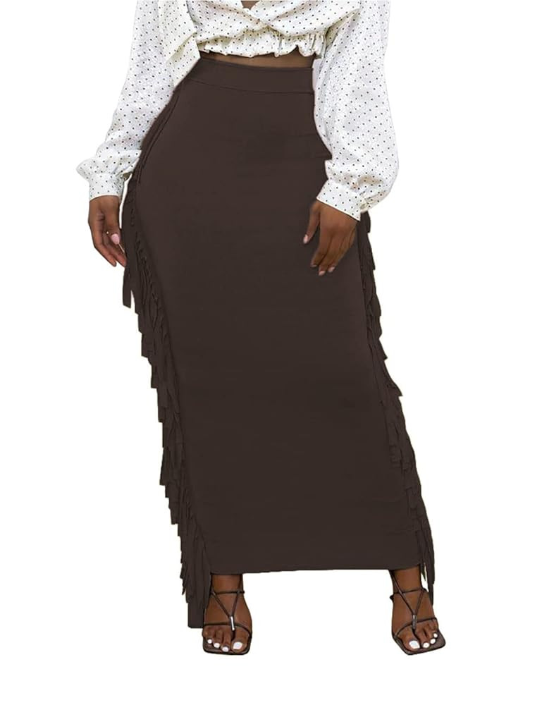 Lrady Women's Elastic Waist Slim Bodycon Side Tassels Long Maxi Pencil Skirts | Amazon (US)