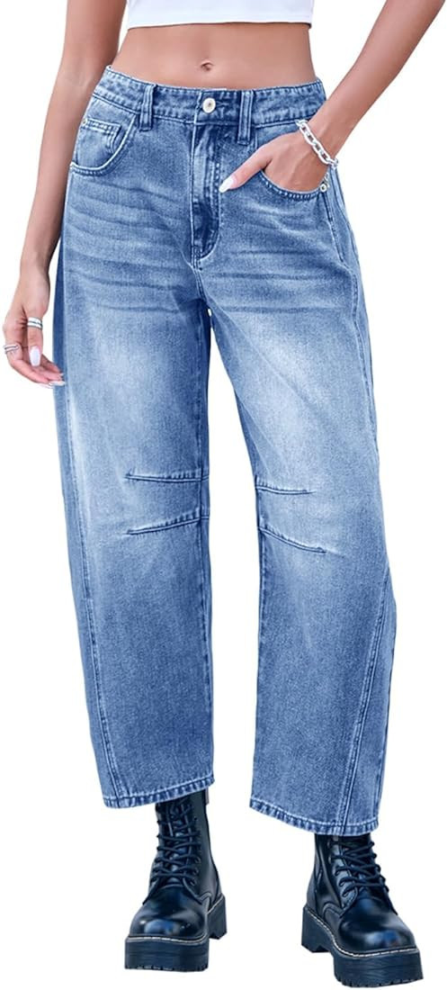 GREAIDEA Mid Rise Barrel Jeans for Women Wide Leg Mid Waist Cropped Denim Pants Y2k Baggy Boyfrie... | Amazon (US)