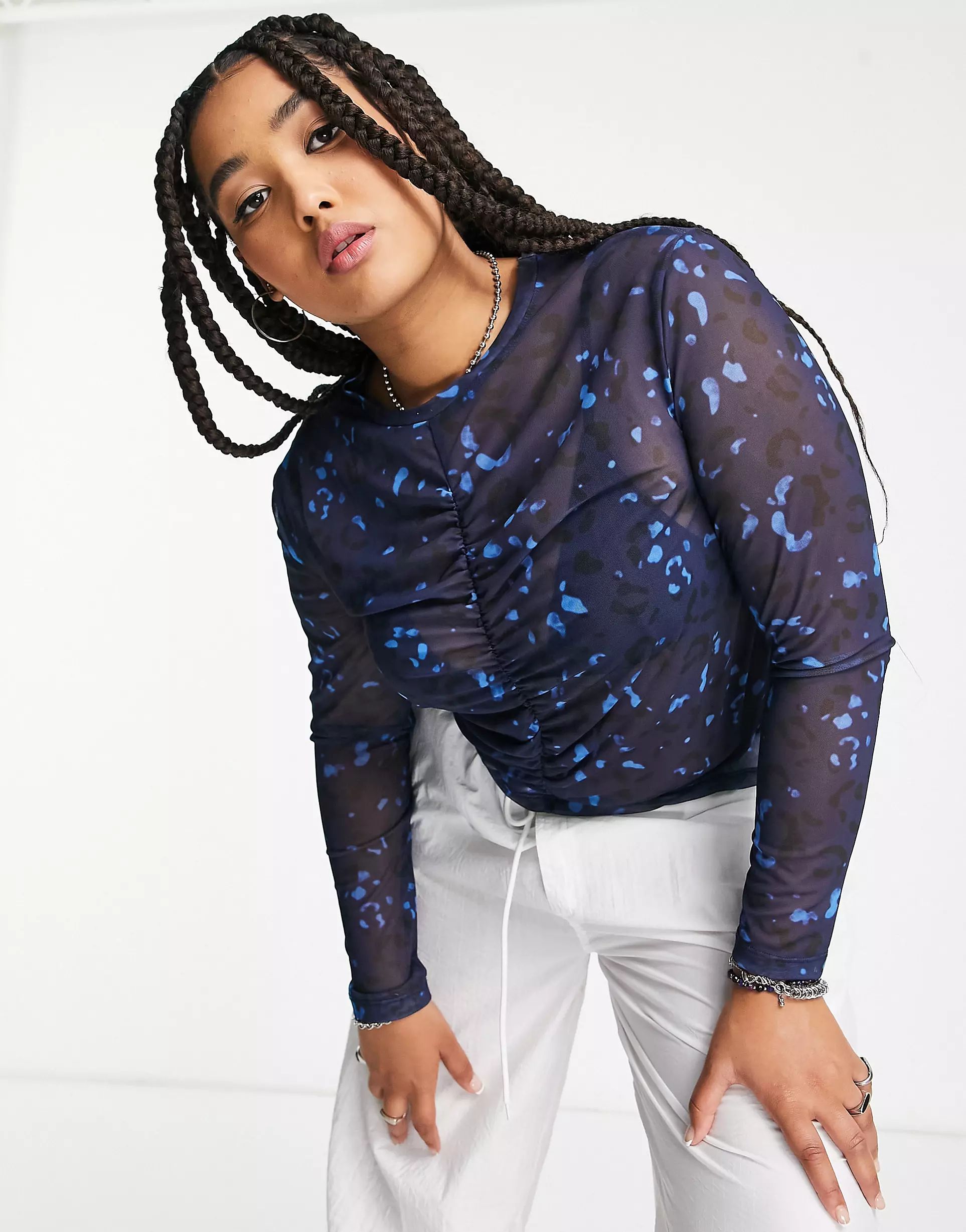 Noisy May Curve mesh ruched top in blue print | ASOS (Global)