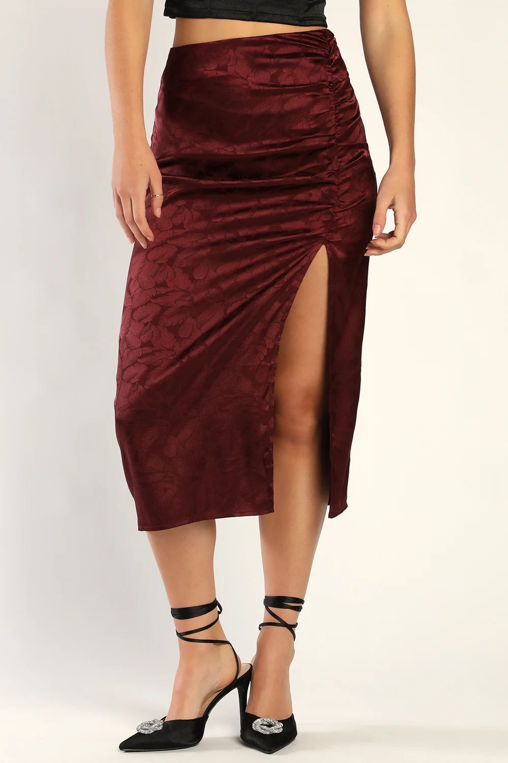 Gorgeous For Tonight Burgundy Floral Satin Jacquard Midi Skirt | Lulus (US)