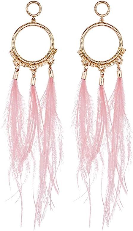 Fashion Long Tassel Earrings Paving Beads Luxury Feather Dangle Stainless Ear Studs Women Wedding... | Amazon (US)