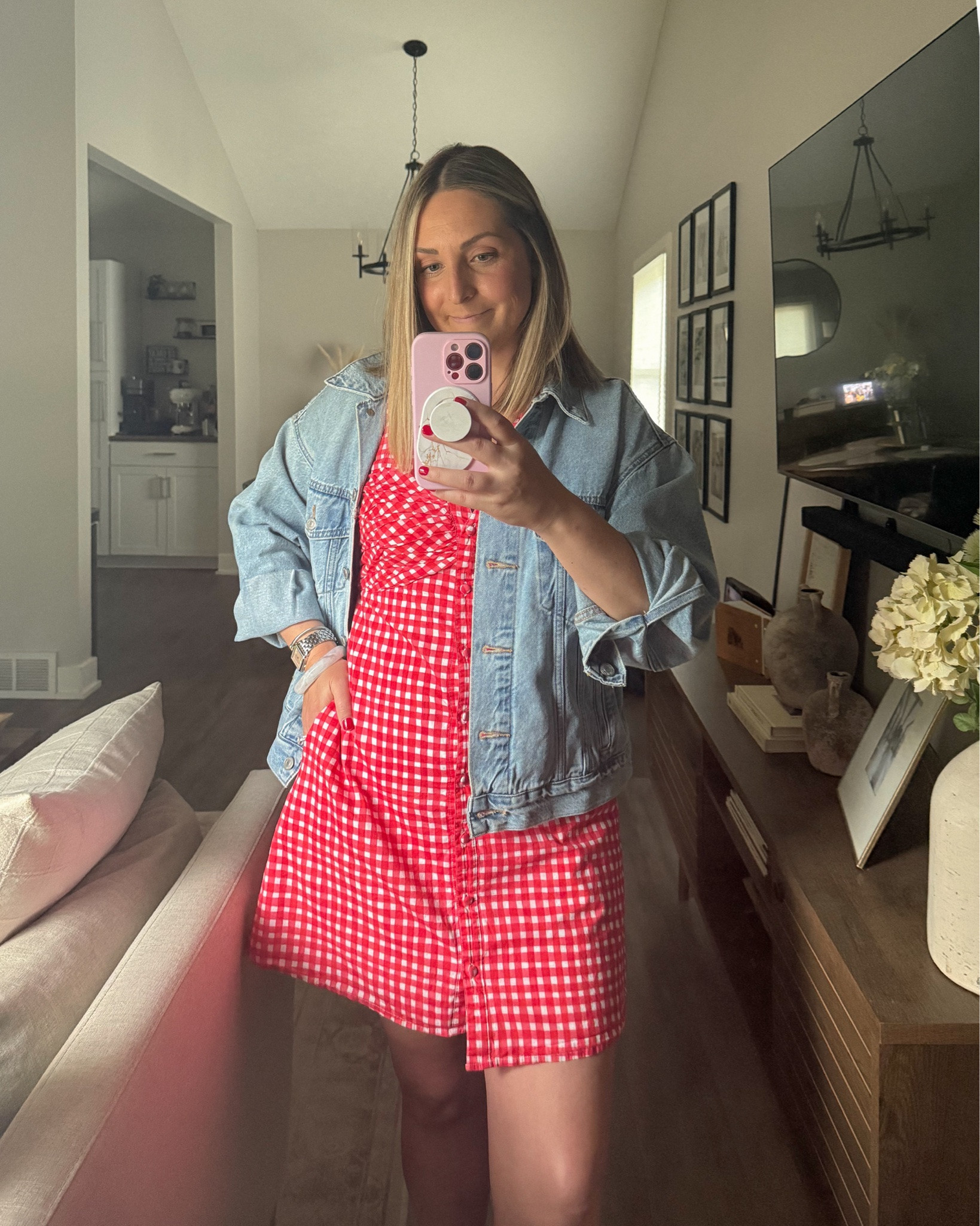 Cutest little red and white gingham dress from @renttherunway #rtrpartner - use my code RTRXARAMOS for 60% off your first month's membership!  Perfect dress for Memorial Day Weekend and for all the summer holidays! 

Also, this is my fave Jean jacket! The best oversized fit!

#LTKootd #LTKSaleAlert