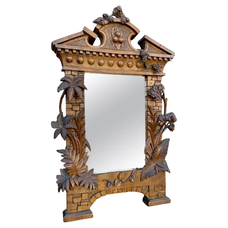 Swiss Black Forest Grand Tour Mirror Hand-Carved Nutwood Temple Ruin Frame 19thC | 1stDibs