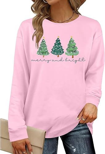Christmas Tree Sweatshirt for Women: Embroidered Merry and Bright Shirt Xmas Holiday Pullover Lon... | Amazon (US)