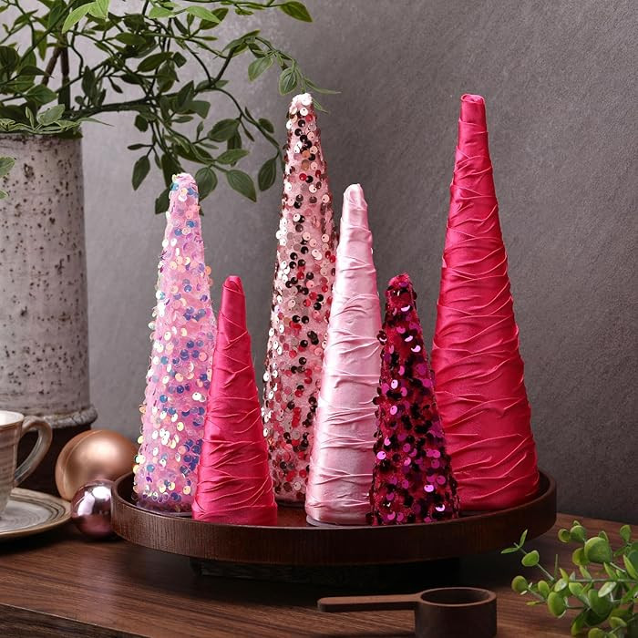 6 Pcs Pink Christmas Mini Cone Trees Tree Glitter Table Decoration Christmas Pink Ornaments Table... | Amazon (US)