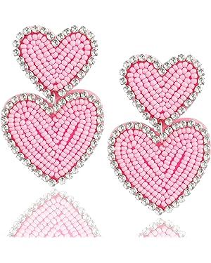 Boho Beaded Earrings Statement Statement Heart Shaped Earrings Handwoven Drop Earrings for Valent... | Amazon (US)