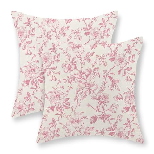 JEFERSO Pink Floral Pillow Covers 18x18 Set of 2 Pink and Cream Chinoiserie Floral Decorative Throw Pillows Vintage Rustic Toile Flower Pillow Cases Outdoor Decor Linen Cushion Covers for Couch Sofa | Amazon (US)