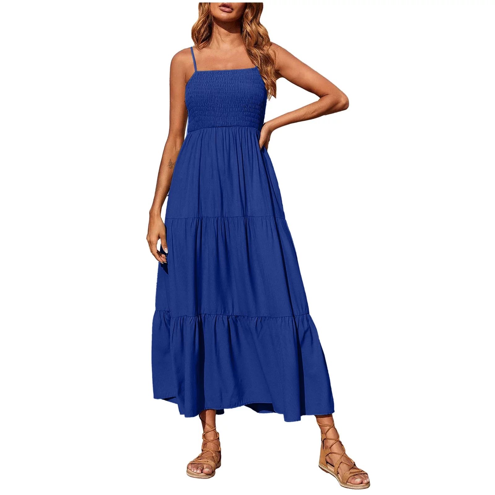 Lolmot Womens Bohemian Dress Casual Spaghetti Strap Smocked Tiered Flowy Long Beach Sun Dresses S... | Walmart (US)
