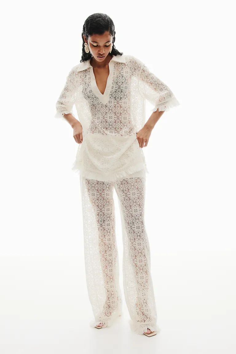 Fringe-trimmed Lace Polo Shirt - Short sleeve - Long - Cream - Ladies | H&M US | H&M (US + CA)
