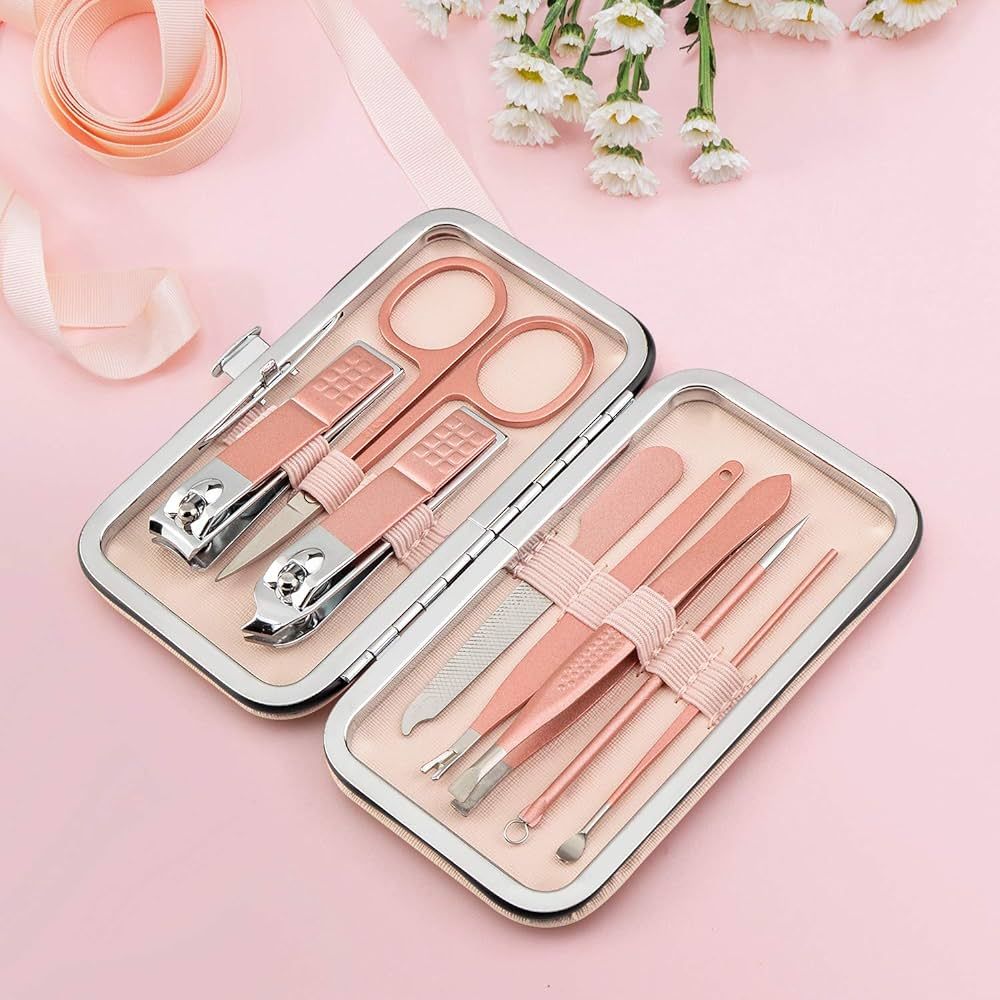 Manicure Set, 8 In 1 Stainless Steel Professional Pedicure Kit Nail Scissors Grooming Kit with Pink  | Amazon (US)