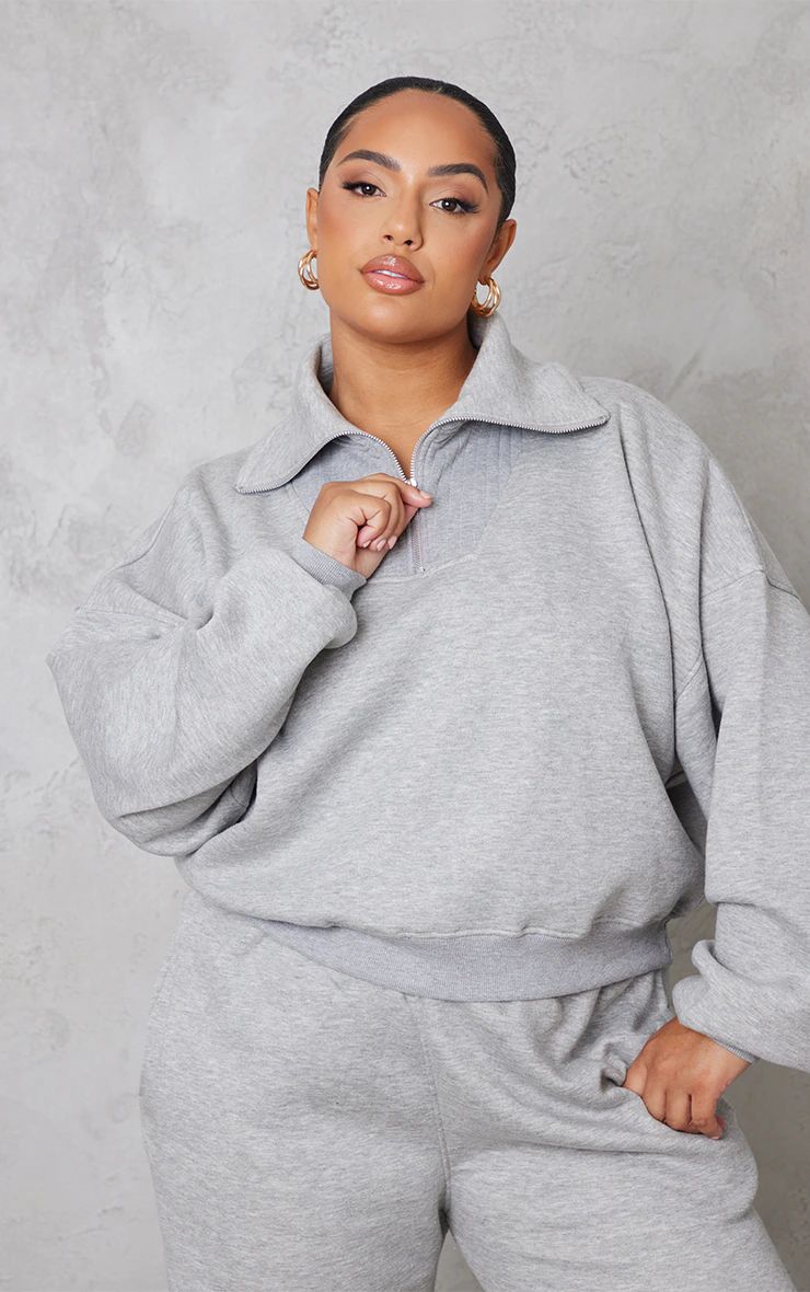 Plus Grey Marl Quarter Zip Up Sweatshirt | PrettyLittleThing US