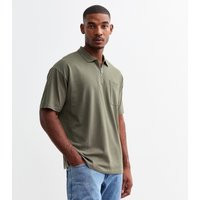Men's Khaki Oversized Cotton Piqué Half Zip Polo Shirt New Look | New Look (UK)