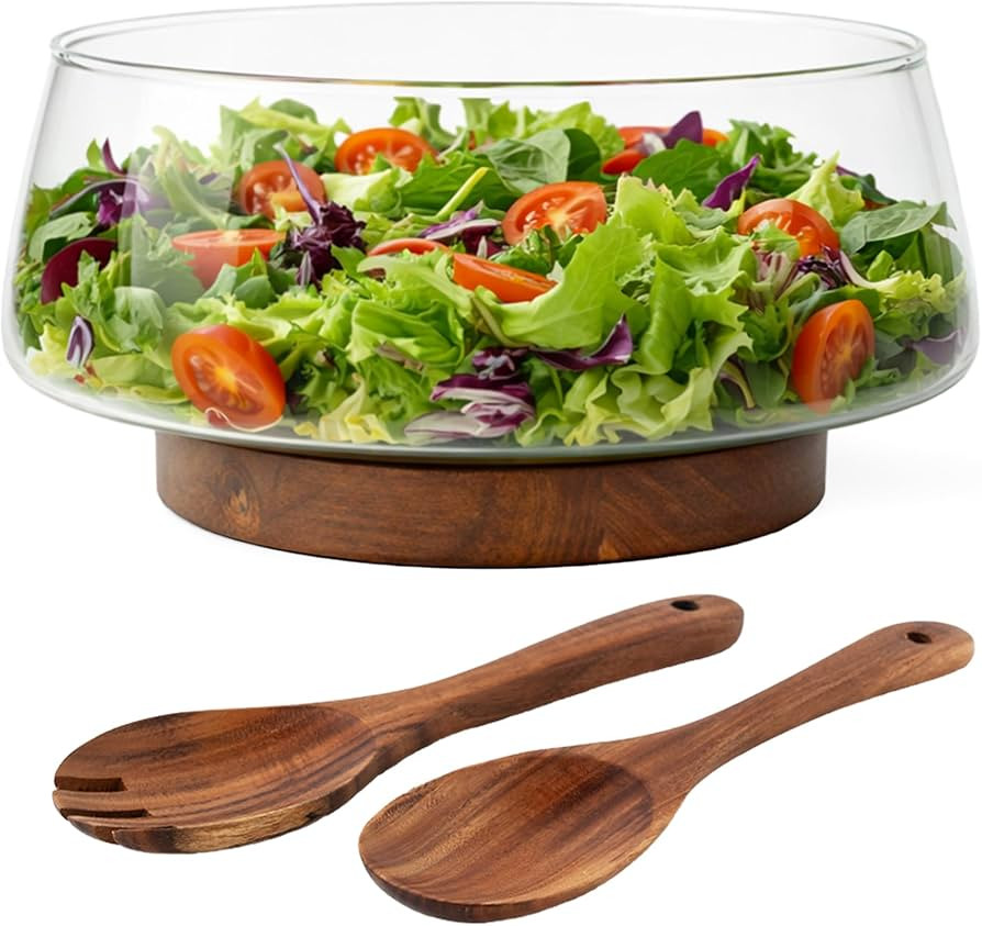 MIAMIO - Large Salad Bowl with Serving Utensils (3.5L), Glass Salad Bowl Set with Wood Base, Sala... | Amazon (UK)