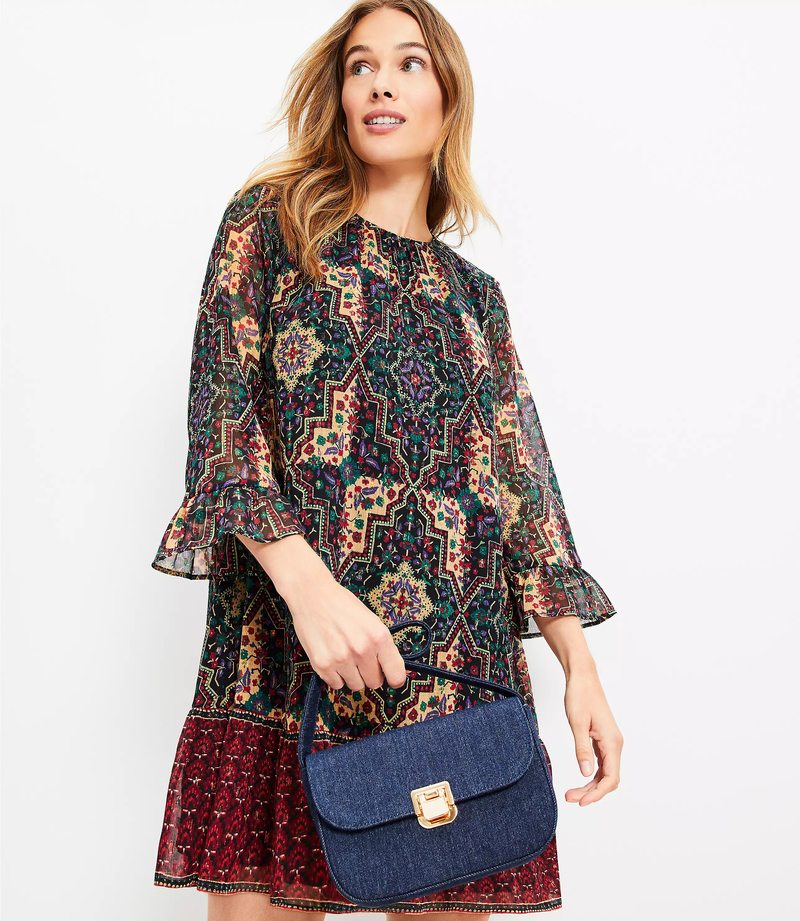 Metallic Clip Geo Flounce Mini Dress | LOFT