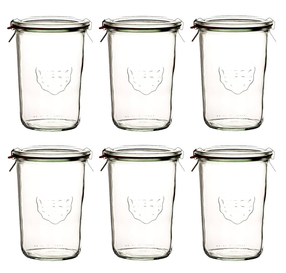 Weck 6x Sturzglas 850ml (3/4 Liter) mit Gummiring und 2 Klammern | Amazon (DE)