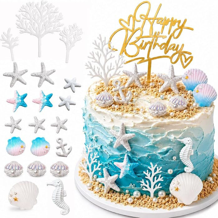 21PCS Starfish Conch Shells Coral Cake Decorations for Beach Birthday Party | Amazon (US)