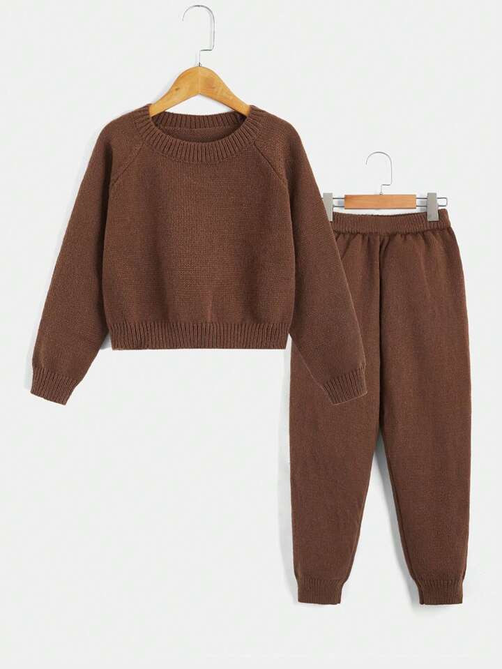 SHEIN Kids Nujoom Tween Girl Raglan Sleeve Sweater & Knit Pants | SHEIN