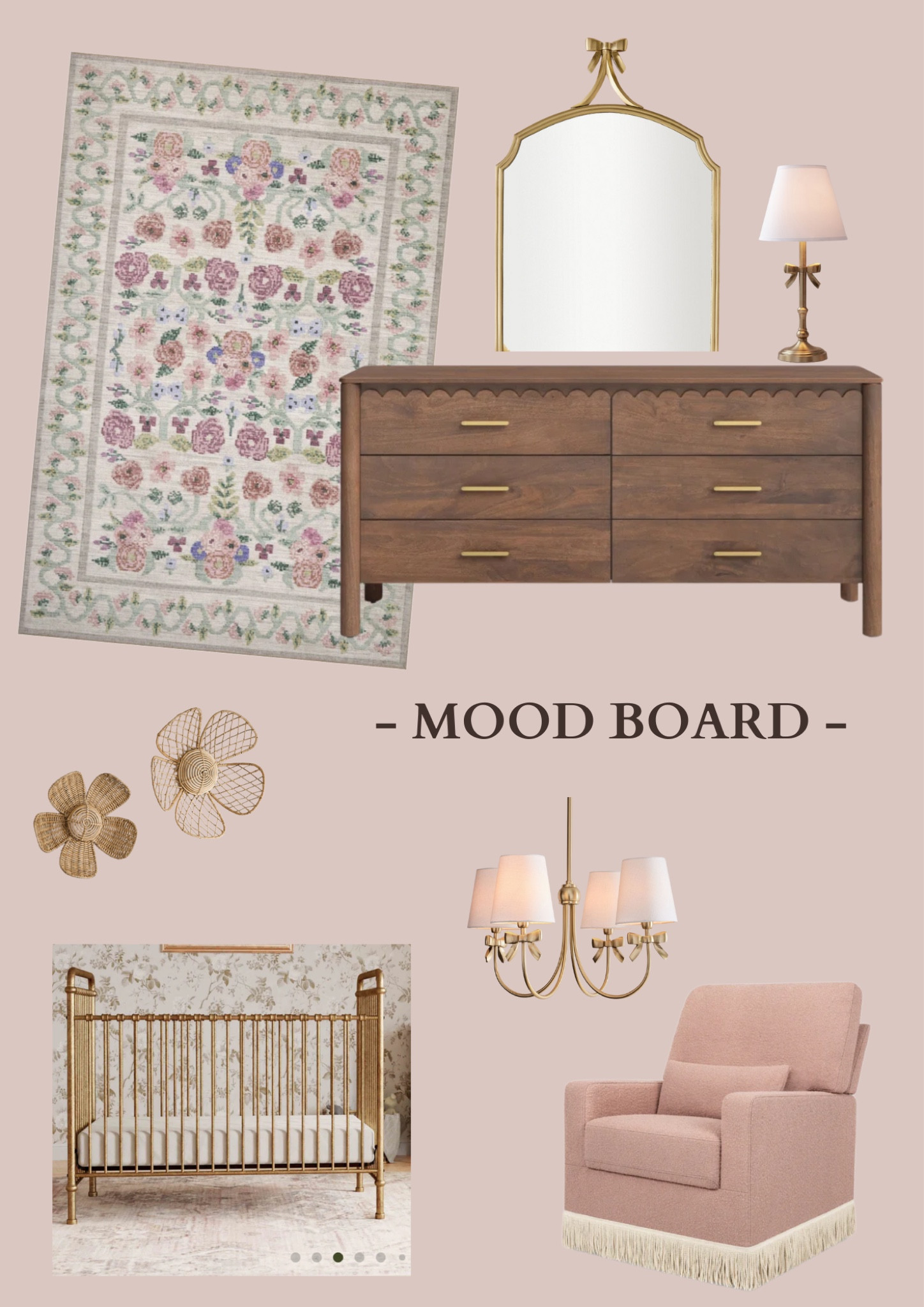 Baby girl nursery mood board #nurseryideas #babygirlnursery #dustypinknursery #moodboard 