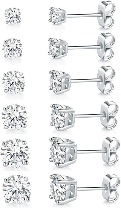 18K White Gold Plated 4 Pong Round Clear Cubic Zirconia Stud Earring Pack of 6 Pairs (6 Pairs) | Amazon (US)