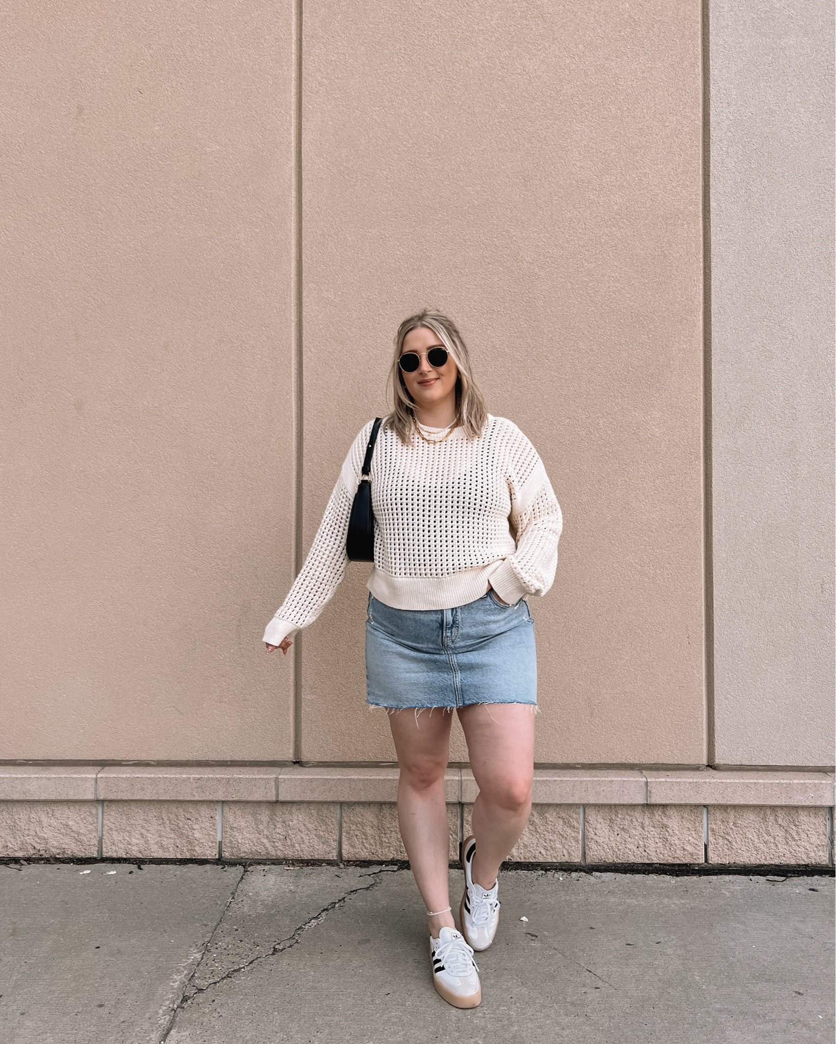 Midsize spring outfit - open knit sweater (L) and denim mini skirt (14), adidas sambas, Amazon bag



#LTKSeasonal #LTKstyletip #LTKmidsize