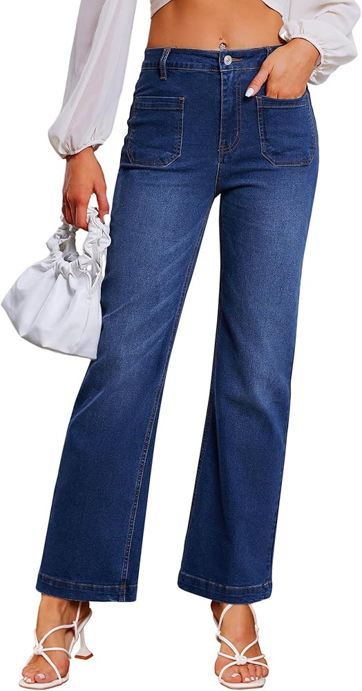 Genleck Wide Leg Jeans for Women – High Waisted Stretch Front Patch Pockets Trendy Jeans Baggy ... | Amazon (US)