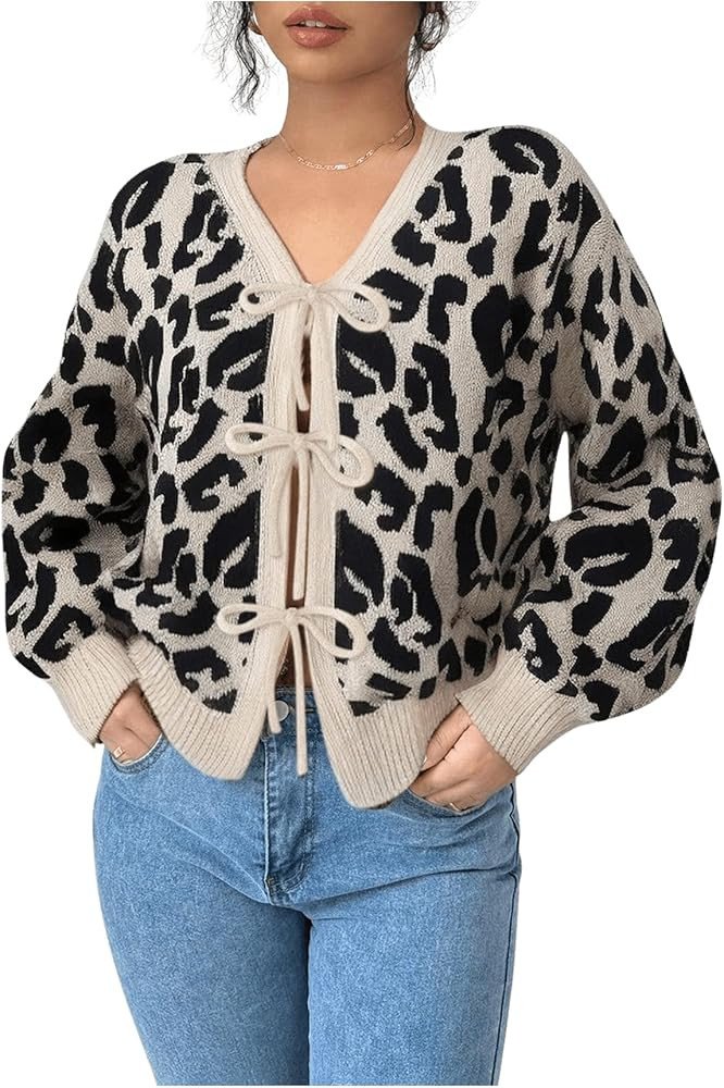 GORGLITTER Women's Leopard Bow Tie Front Cardigan Cheetah V Neck Long Sleeve Knit Sweaters Outwea... | Amazon (US)