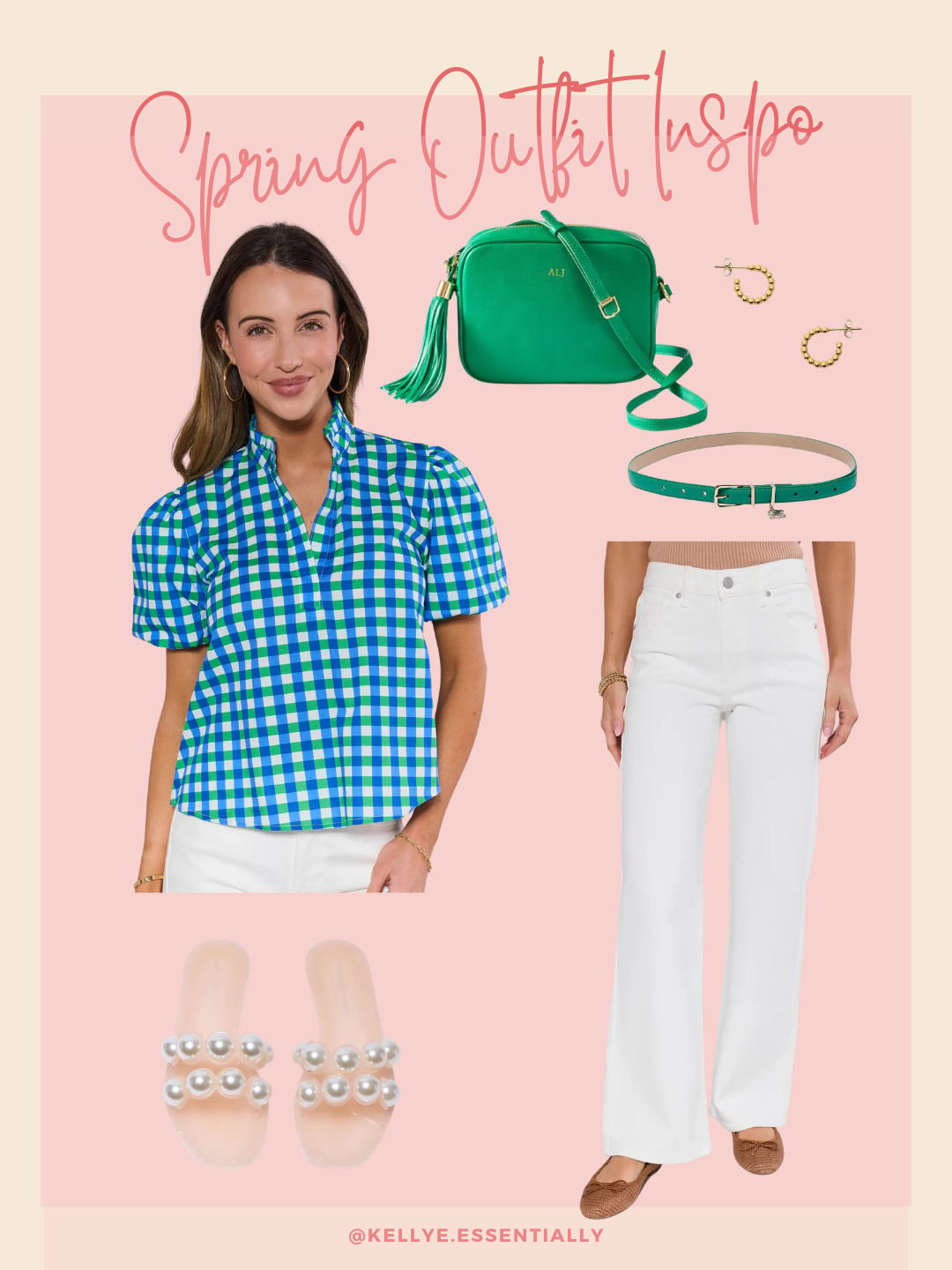 Green gingham blouse + white wide leg pants is such a classic combo. Add a pop of emerald with a crossbody bag and belt, then finish it with pearl slide sandals and gold hoops. 

 #LTKootd #LTKSeasonal