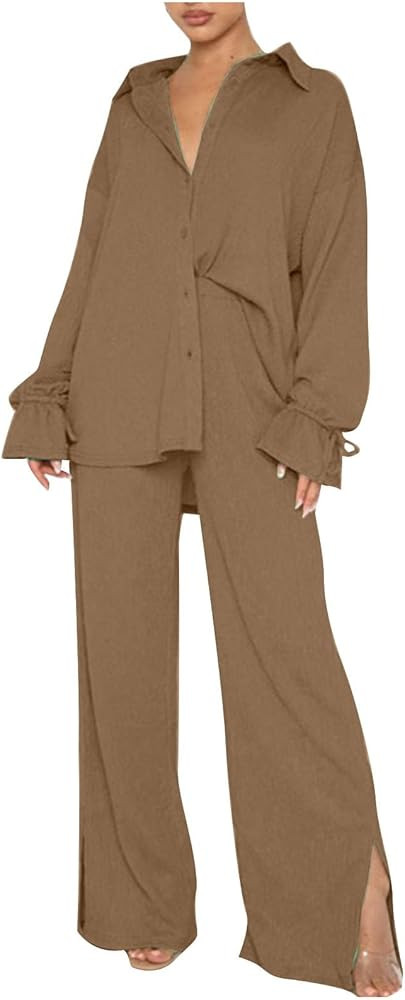 2 Piece Outfits for Women Ribbed Matching Sets Oversized Long Sleeve Button Down Shirts Side Spli... | Amazon (US)
