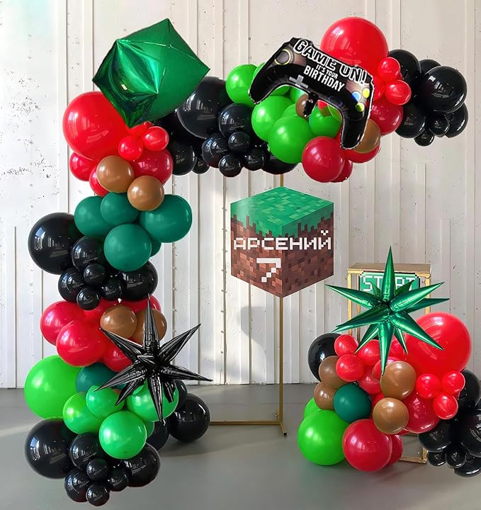 Video game Balloon garland kit 135pcs Green and Black Red Brown with Controller starburst cude my... | Amazon (US)