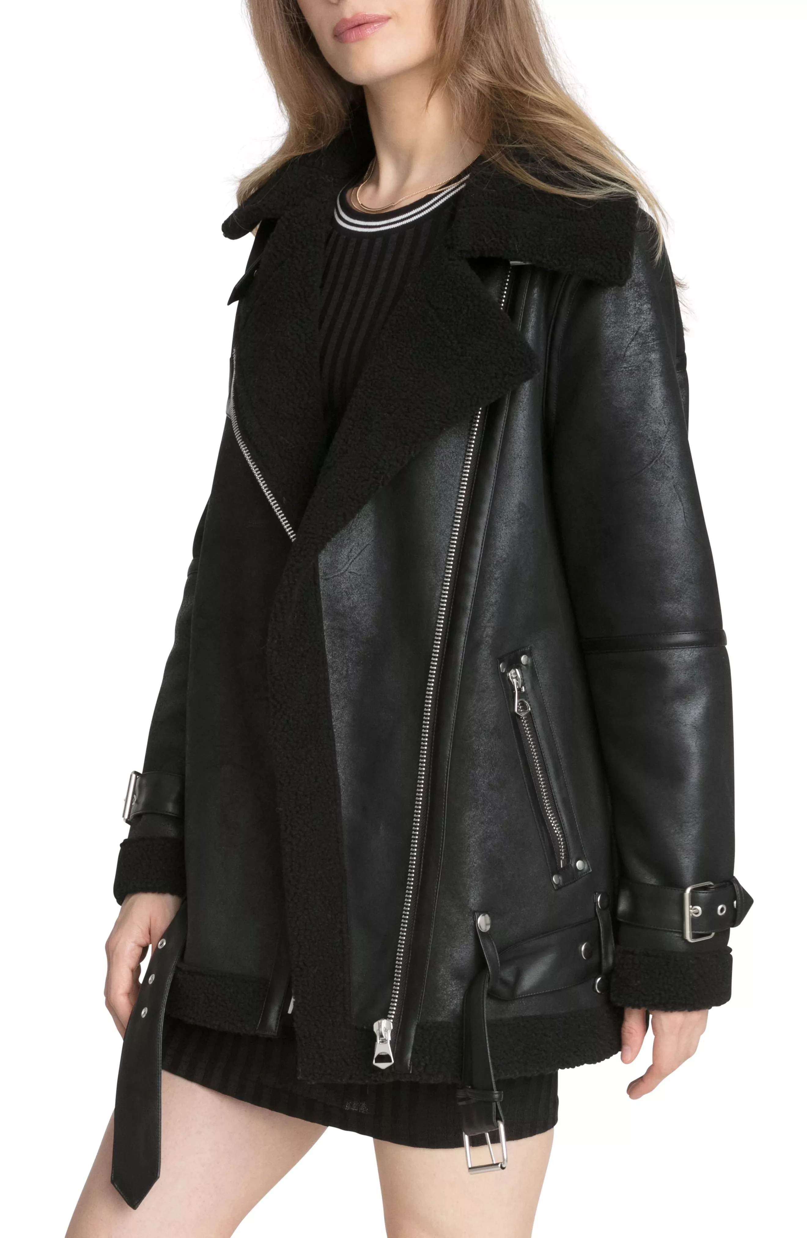 Avec les filles faux shearling biker jacket hot sale black