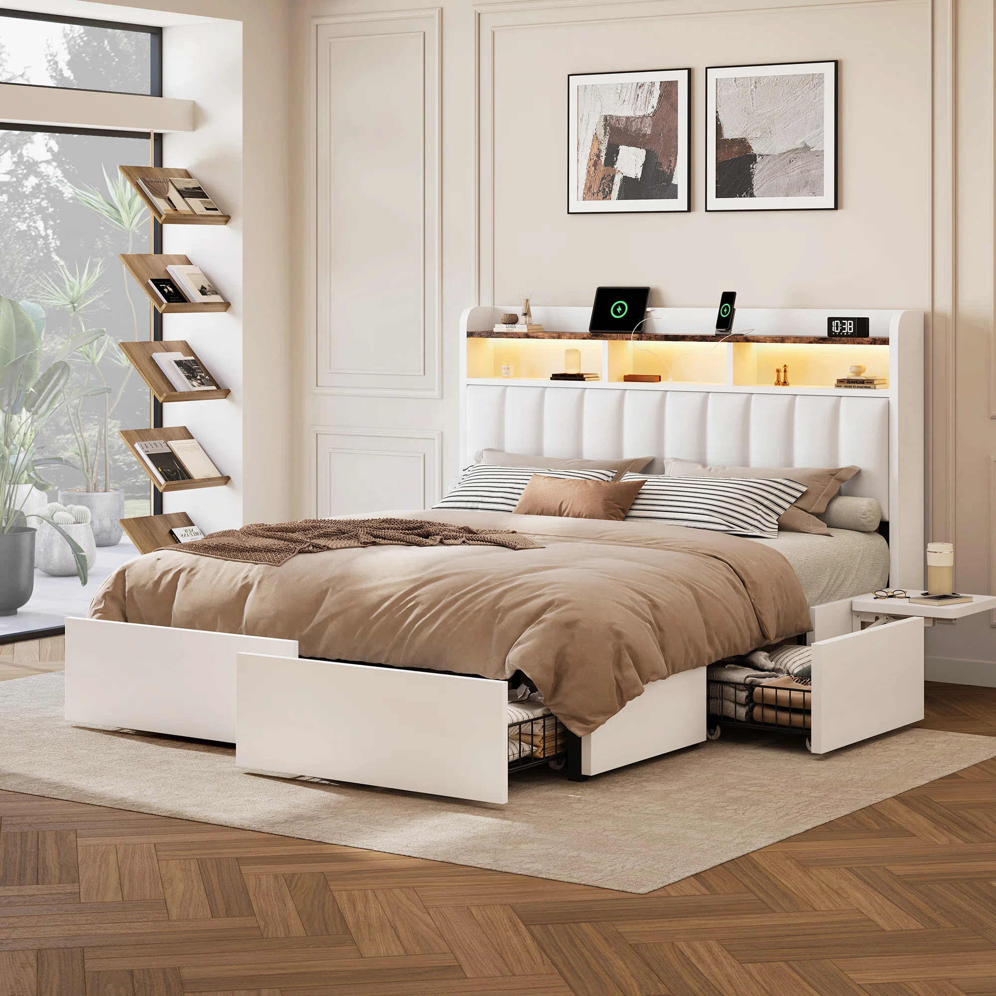 Bed Frame With 4 Drawers For Storage, Bedside Table, Pu Soft Headboard, Built-In Charging Station... | Wayfair North America
