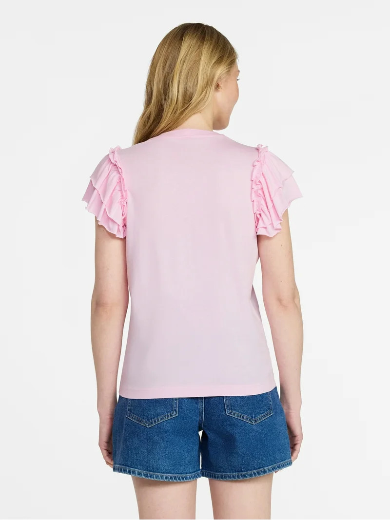 Time and Tru Women's Cotton Crewneck Tee with Ruffle Flutter Sleeves, Sizes XS-XXXL | Walmart (US)