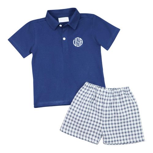Navy Plaid Seersucker Polo Short Set | Cecil and Lou