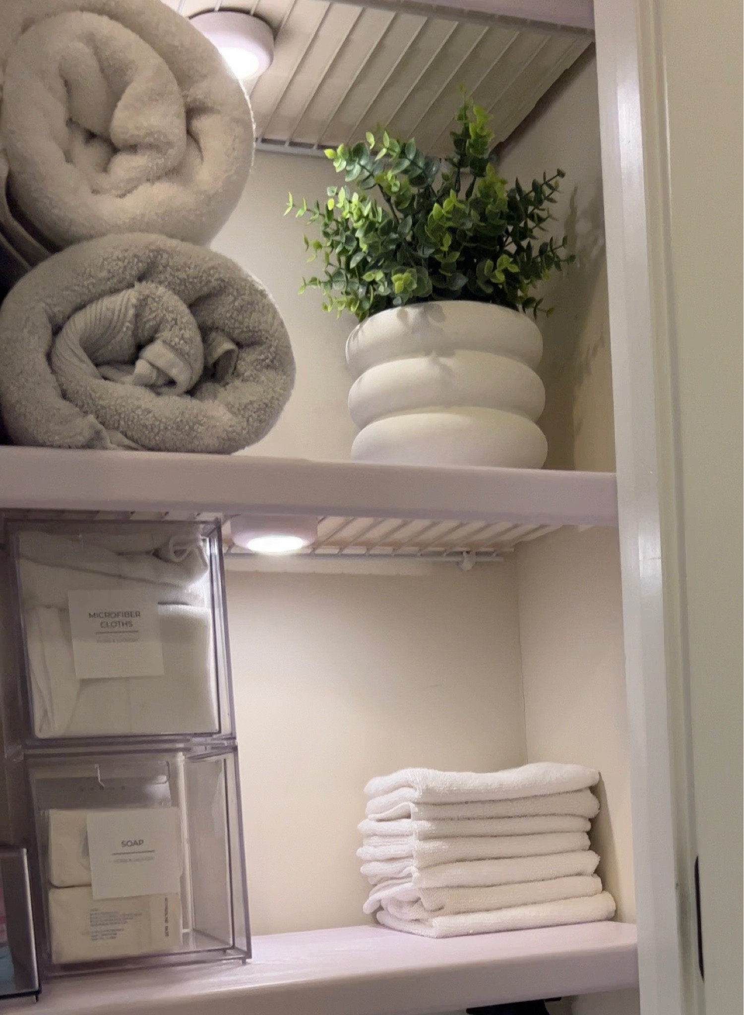 Affordable Linen closet revamp. 

Linen closet. Home decor. Amazon. Closet lighting. Organizing. Under cabinet lighting. Renter friendly. Walmart. Target. 