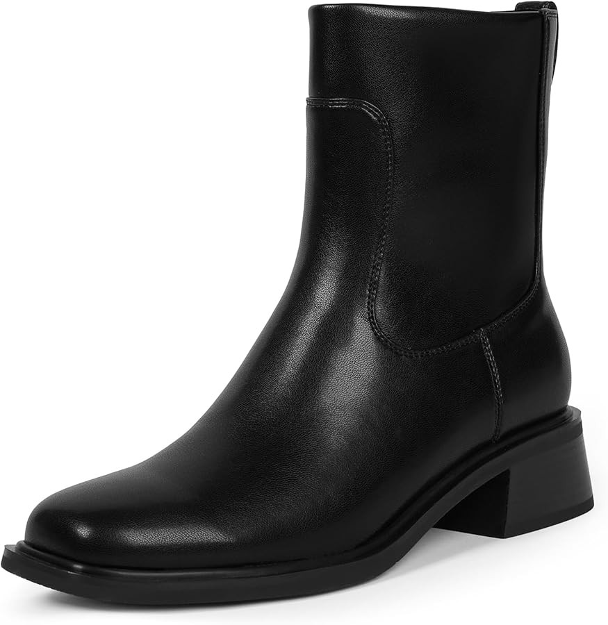 Ankle Boots for Women Low Heel Square Toe Chunky Short Booties Fall Boots with Side Zipper | Amazon (US)