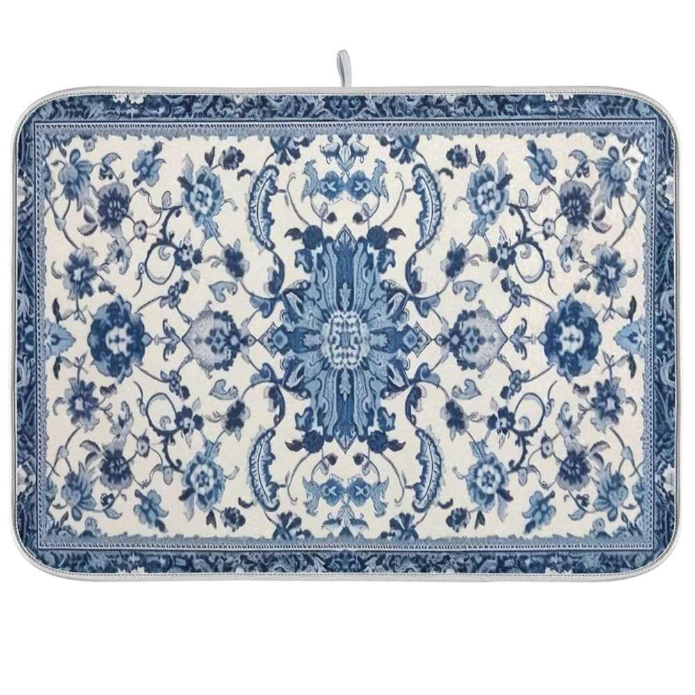 Dish Drying Mat Kitchen Counter Absorbent Blue and White Pattern Coffee Sink Mat Dish Drainer Pad... | Amazon (US)