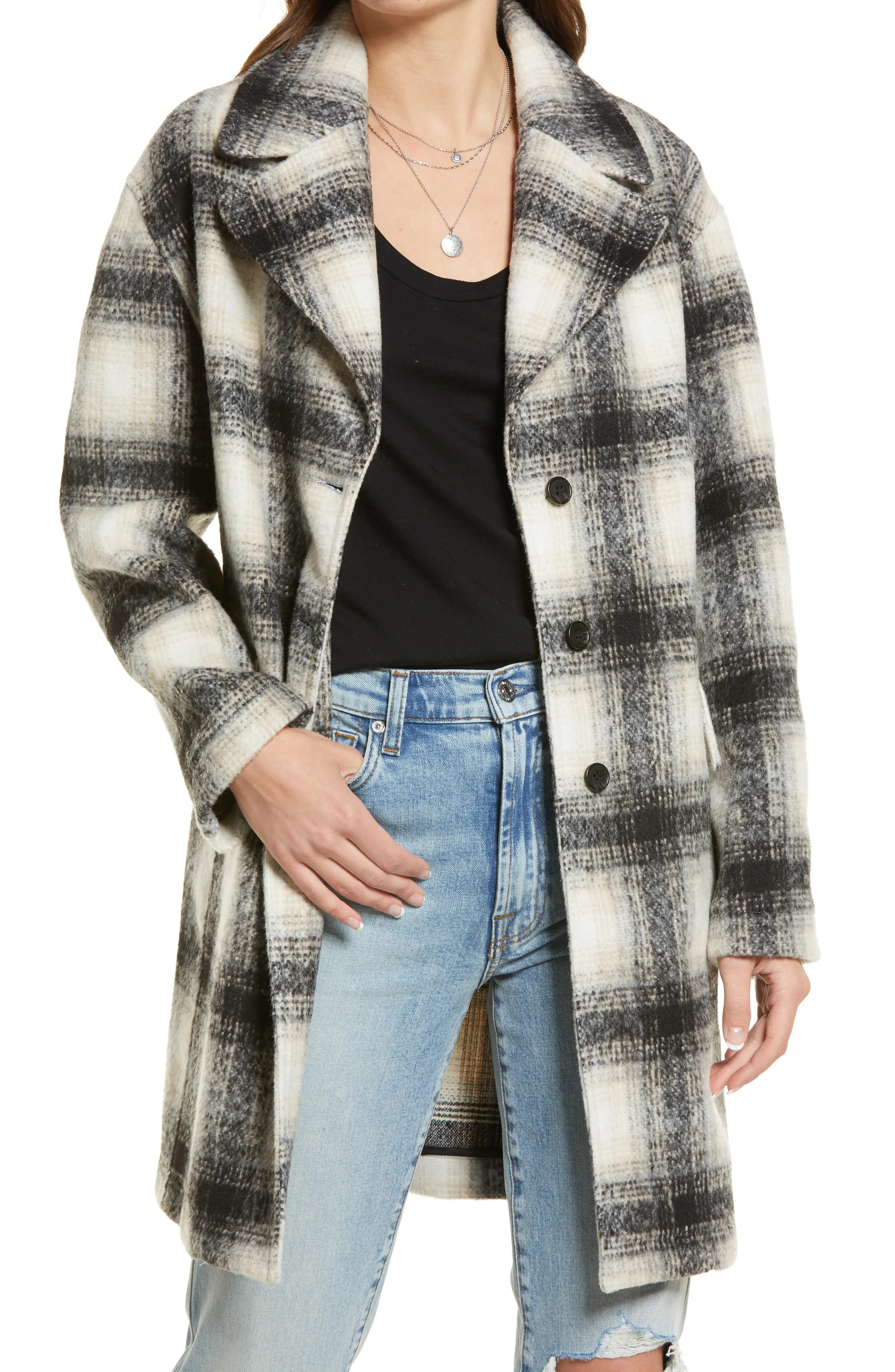 Treasure & Bond Drop Shoulder Plaid Coat, Size Small in Black-White Plaid at Nordstrom | Nordstrom