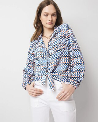 Women's Blouson Tie-Waist Blouse in Native Geo Ecru size Medium | White House Black Market, What To Wear To Work | White House Black Market