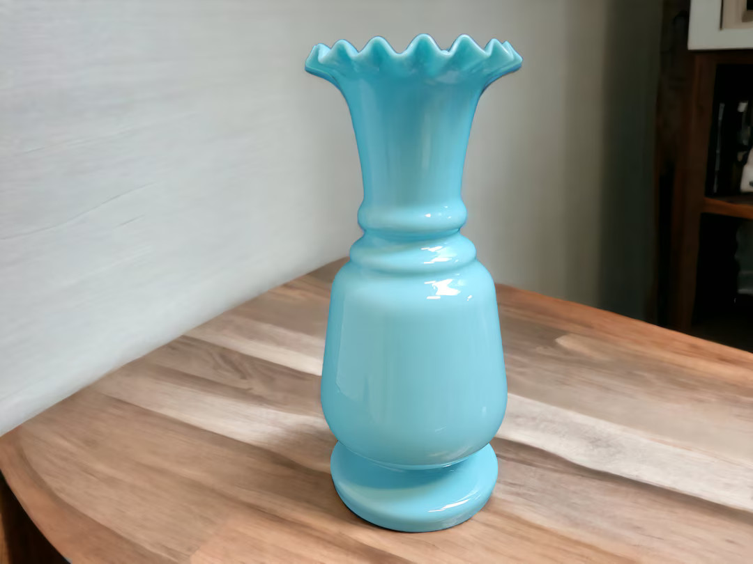 Antique Blue Milk Glass Vase 9 1/2 Ribbon Crimped European Victorian Turquoise Opaline Vase Victo... | Etsy (US)